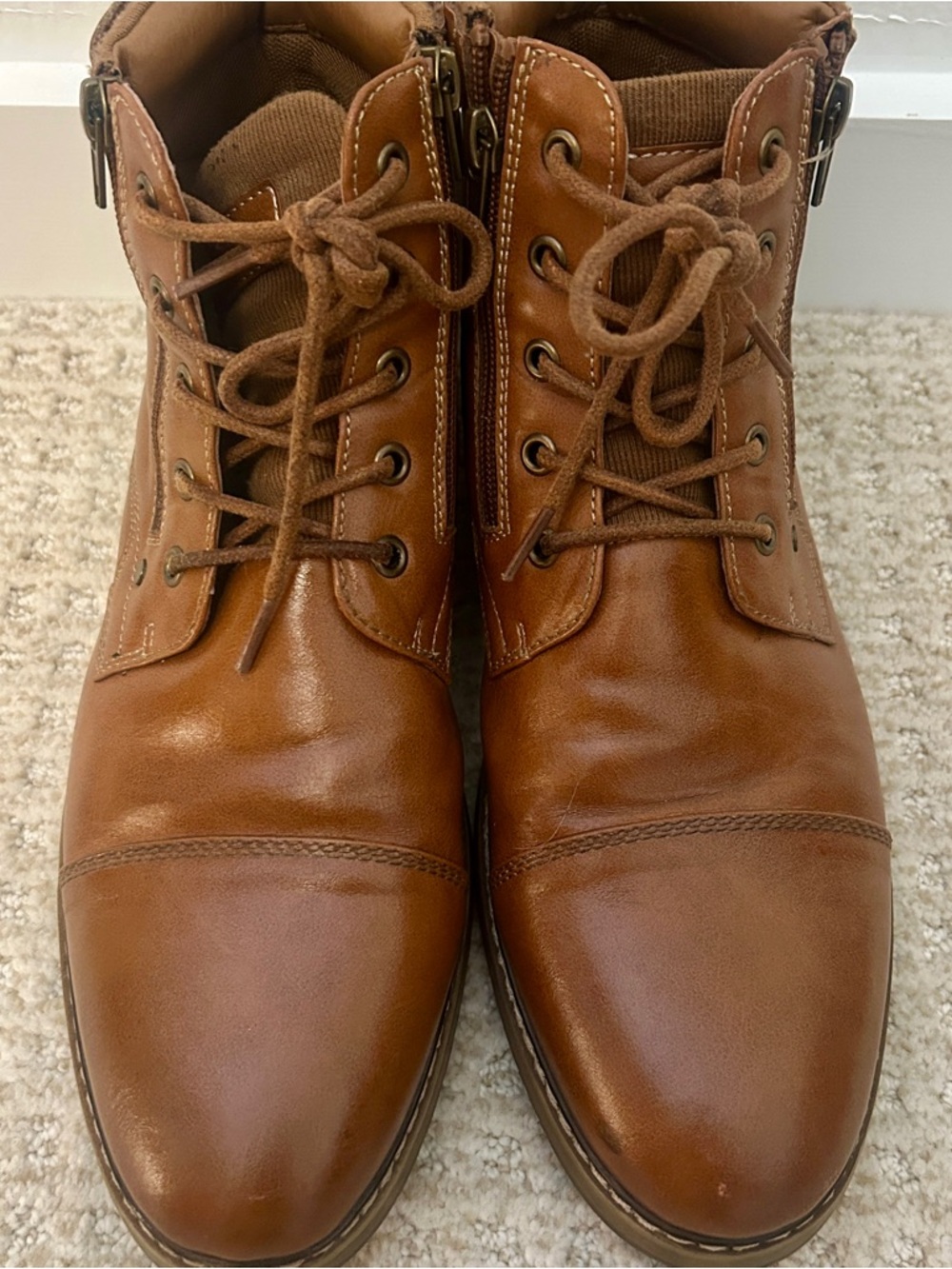 R2 Men's Tan Lace-Up Leather Boots with Side Zipper